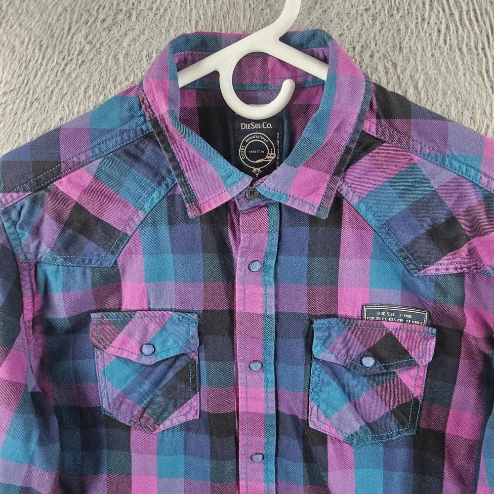 Diesel Co Mens Plaid Western Snap Button Down Shirt Purple Blue Black Small S‎